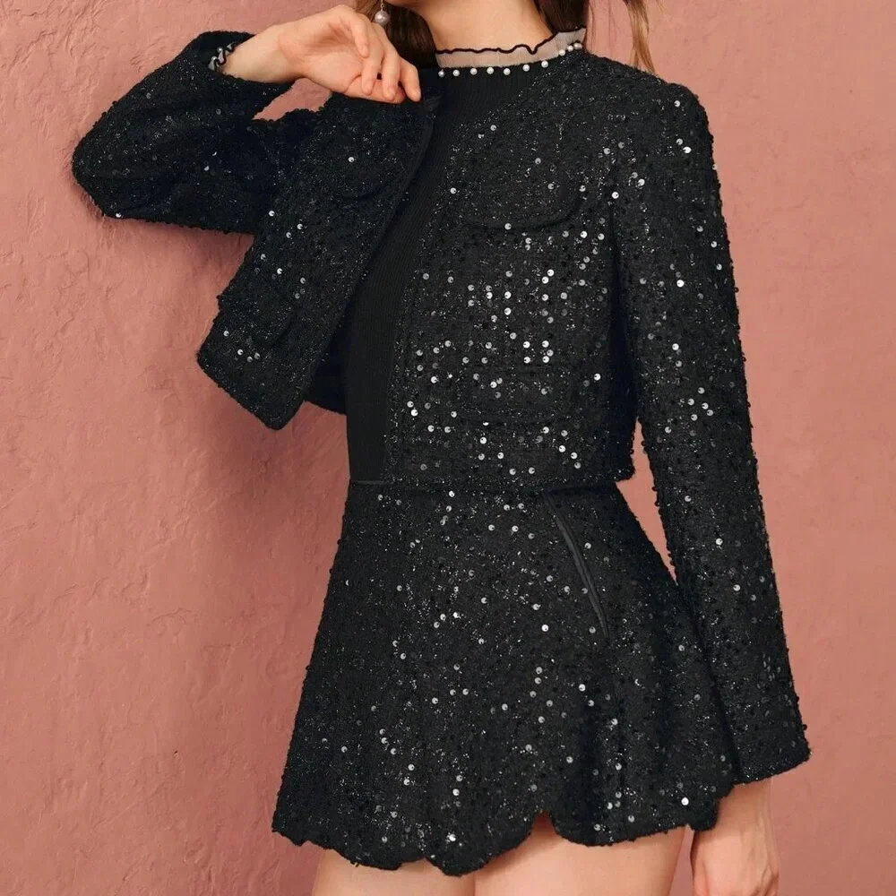 Black Party Women's Romantic Elegant Sequin Cropped Sparkling Tweed Jacket - Picture 3 of 8